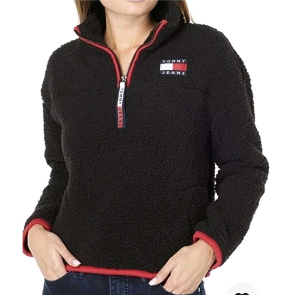 Tommy Hilfiger Women's 1/4 Zip Pullover Sherpa Black‎ Jacket Red Trim Sz Lrg GUC